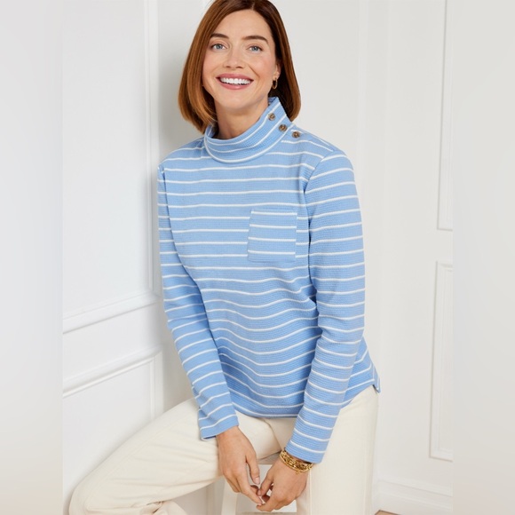 Talbots Sweaters - Talbots BUTTON MOCKNECK PULLOVER - MARIN STRIPE